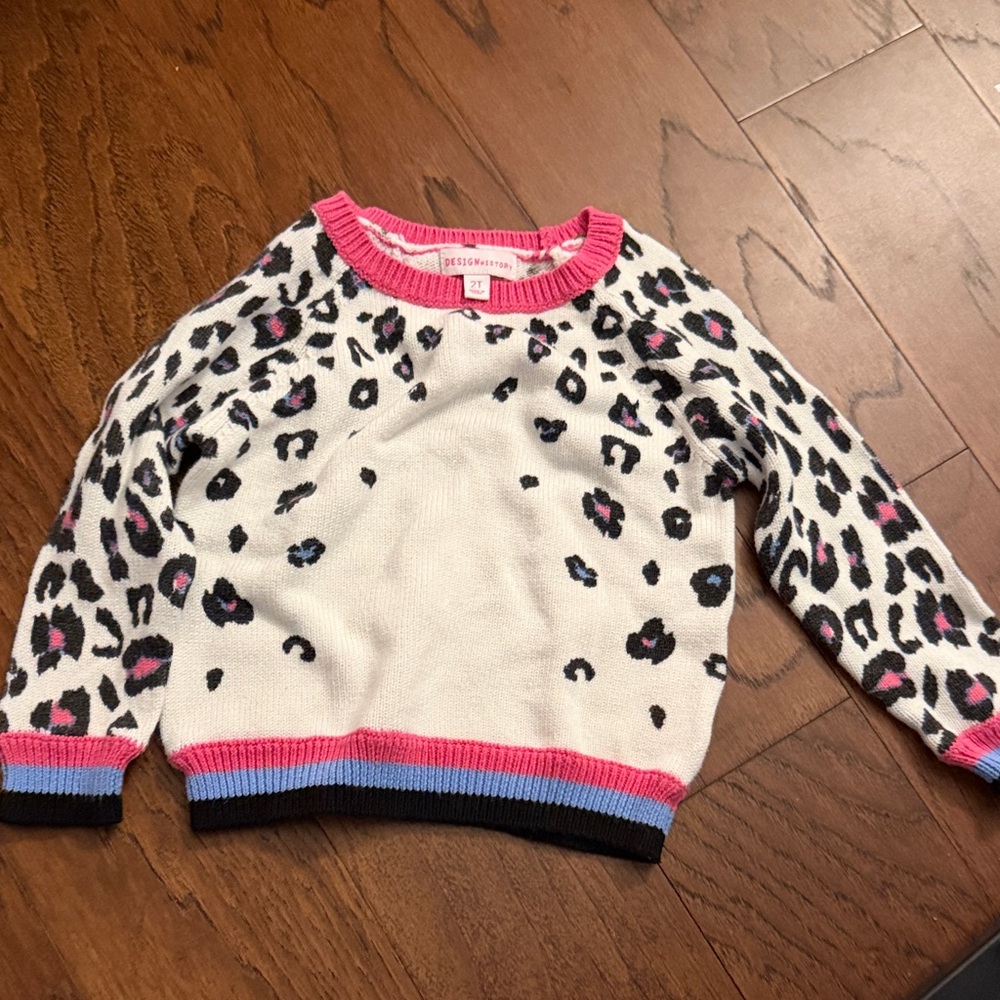 Design History Animal Print Sweater with Pink and Blue Accents